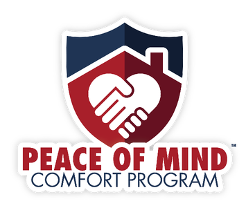 Peace of Mind Comfort Program logo. Navy blue and red shield graphic with image of shaking hands on it.